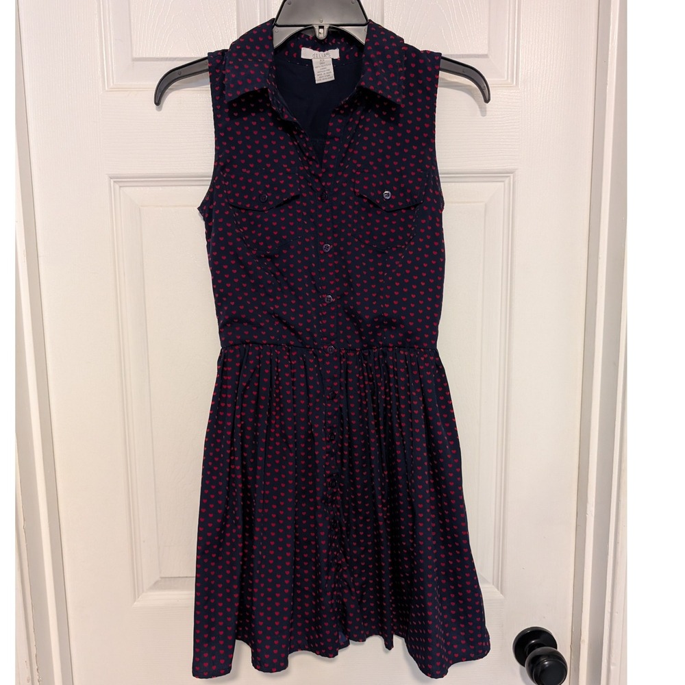 Delia's XS Shirt Dress‎ Red Hearts Navy Blue Sleeveless Mini Casual Cute
